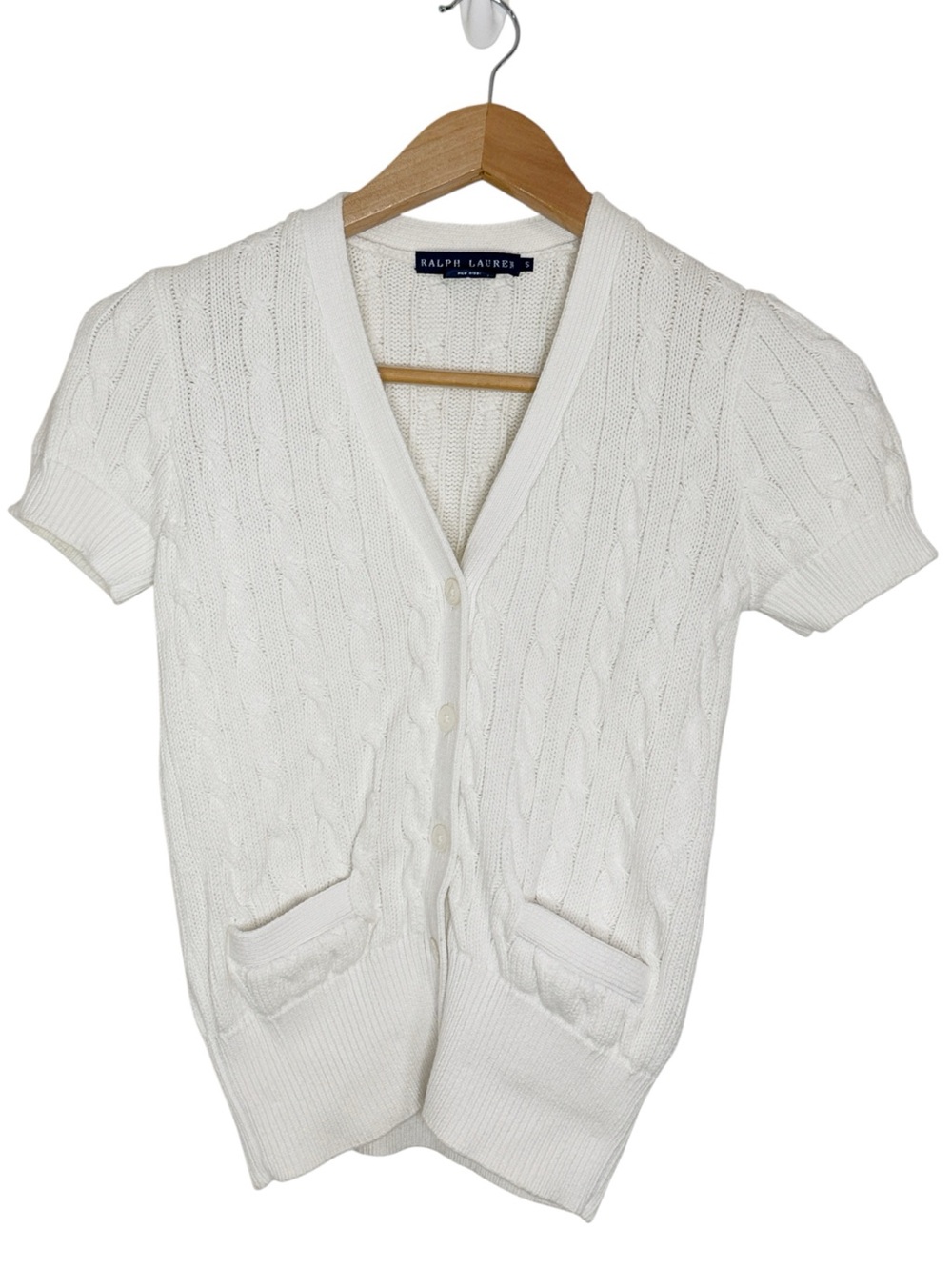 Ralph Lauren Off White Classic Cable-Knit Cardigan Short Sleeve Sweater size S